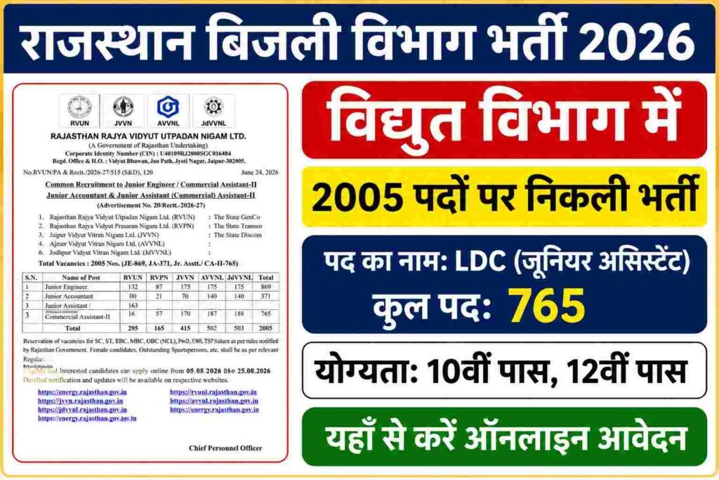 Rajasthan Vidyut Vibhag LDC Vacancy 2026